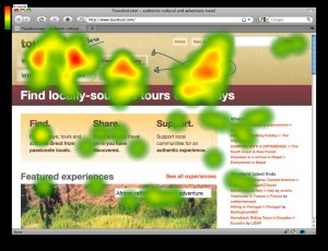 Eye tracking di pagina internet, le parti in rosso sono quelle che catturano di più l'attenzione