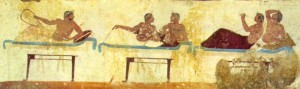 Scena di un simposio: musica ed intrattenimento; dalla Tomba del tuffatore, Museo Archeologico Nazionale di Paestum
