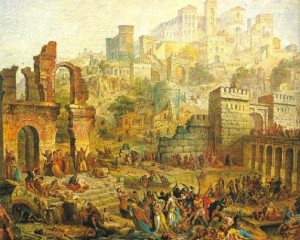 Attacco agli ebrei di Metz per mano di alcuni nobili, in maggior parte tedeschi, e di pellegrini infiammati dalla predicazione della prima crociata, dipinto di Auguste Migette